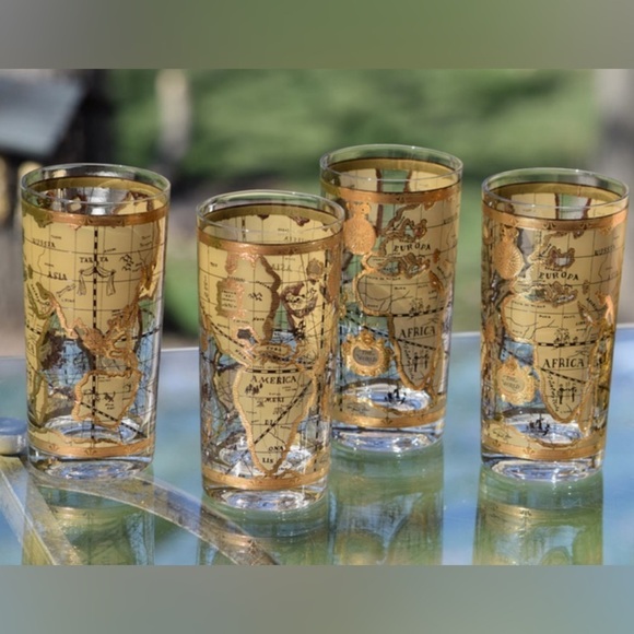 Vintage 1960 22k Gold CERA WORLD MAPS Highball Tumblers Barware Glasses Set Of 4 - Picture 1 of 8